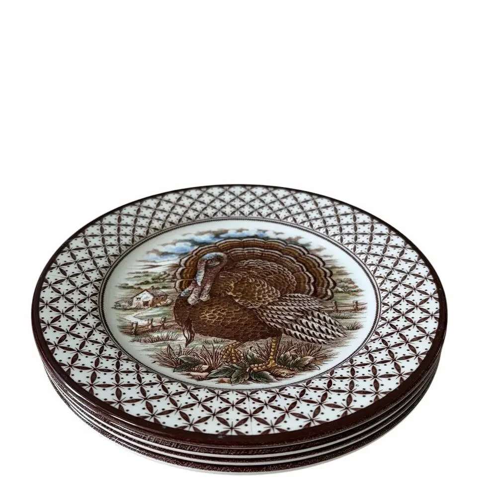 4 Royal Stafford Thanksgiving TURKEY Porcelain Salad Plates 8in England NEW